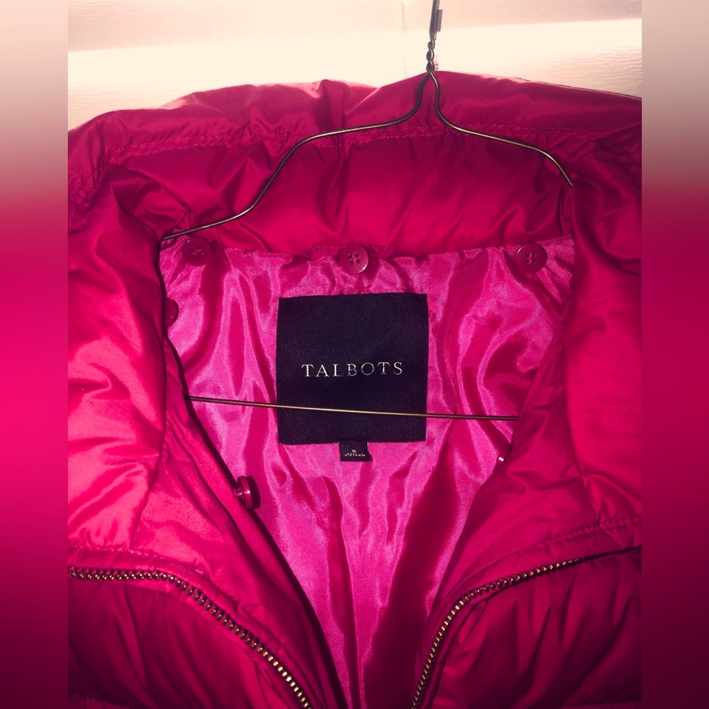 Never been worn, Talbots puffer jacket, pink zip up, with pockets.
